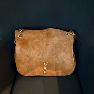 Saint Laurent Brown Suede Shoulder Bag with Gold Hardware